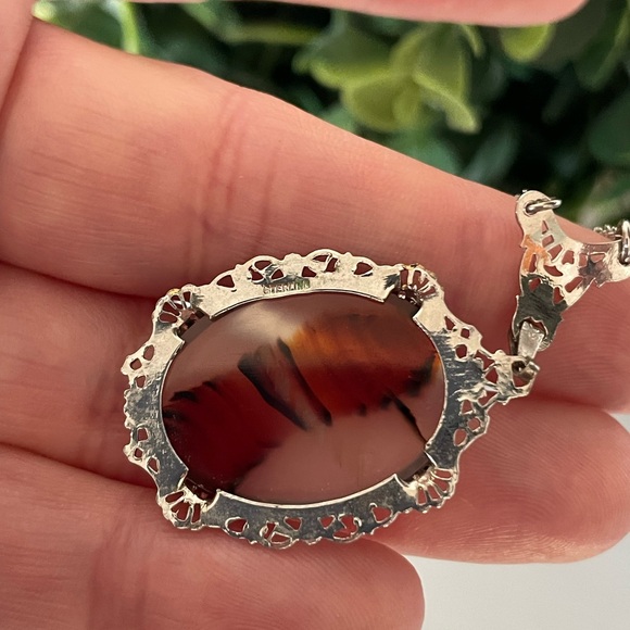 Vtg Art Deco Era Dendritic Moss Agate Two Tone Sterling Silver Lavalier Necklace - Picture 4 of 6